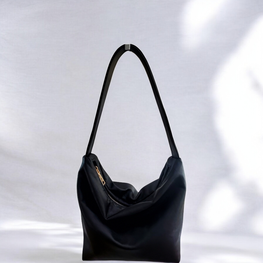 Handmade Slouchy Black Genuine Leather Mini Shoulder Bag